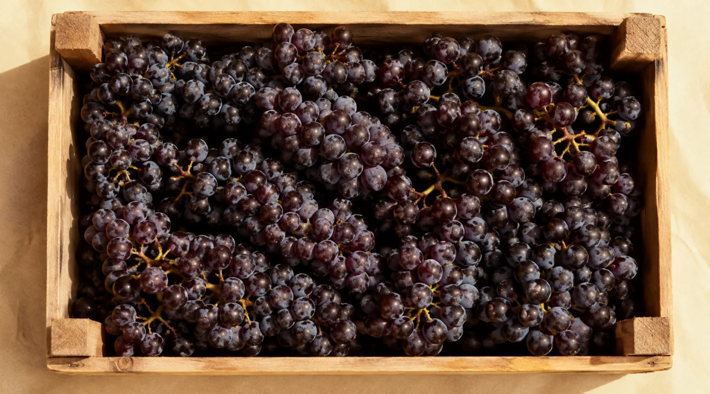 Grappes de raisin noir serrées dans une cagette en bois, vues du dessus sur fond papier