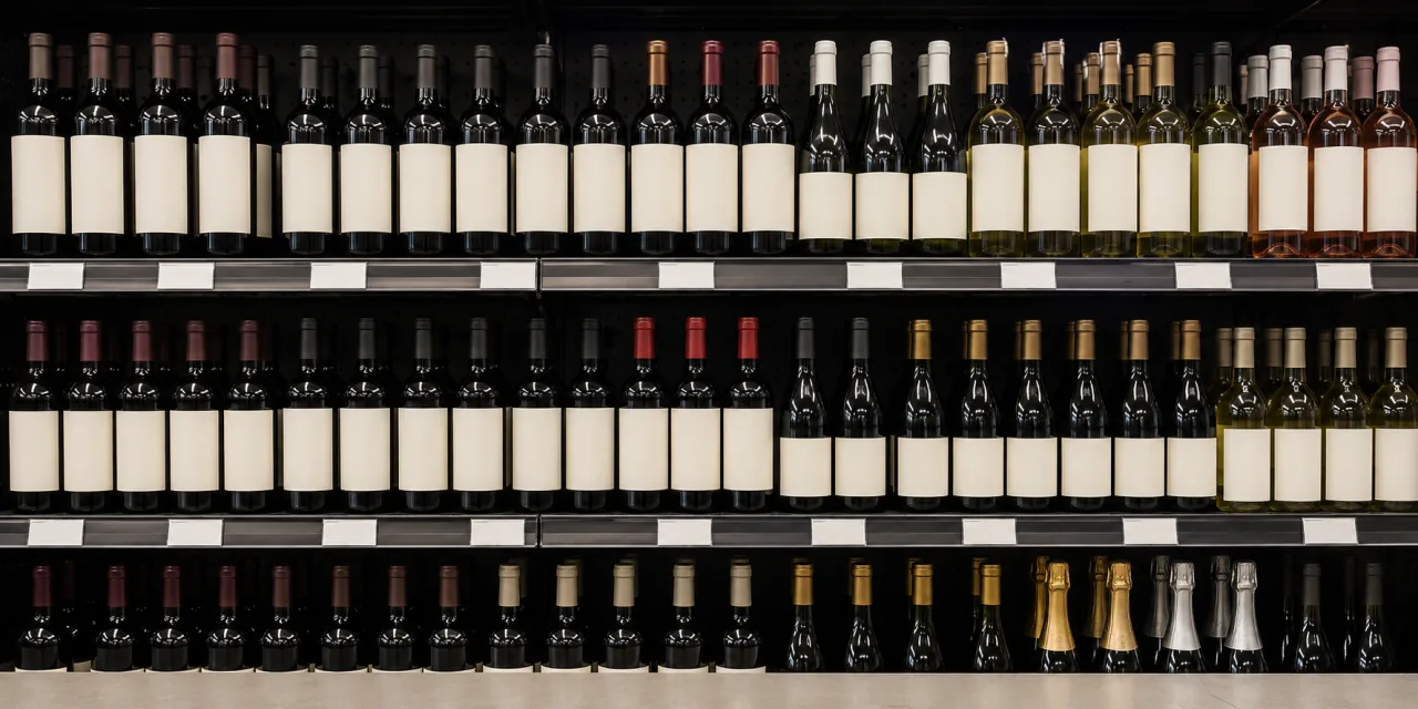 Rayon de supermarché : trois rangées de bouteilles de vin aux étiquettes vierges, étiquettes de prix en bord d'étagère