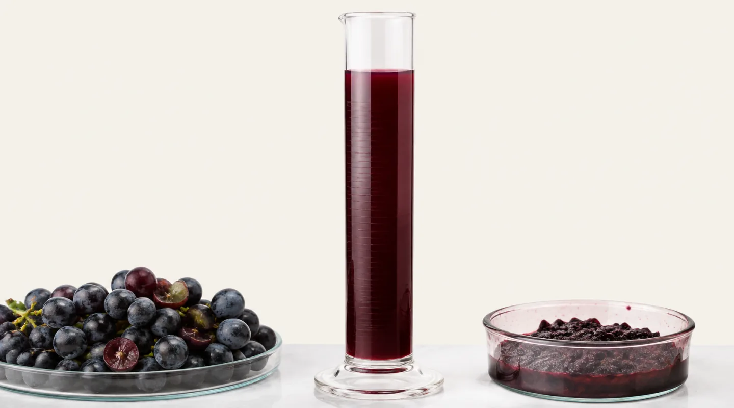 Éprouvette graduée remplie d'un jus de raisin rouge très sombre, entre une coupelle de grains entiers et une coupelle de peaux pressées