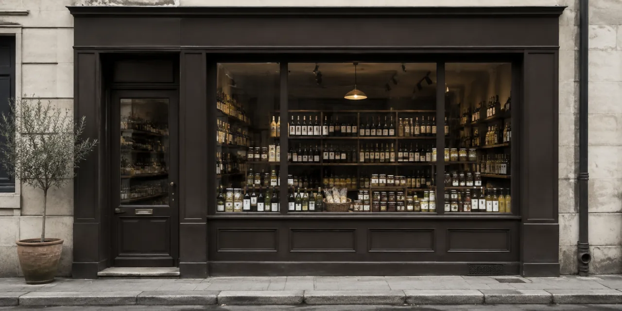 Devanture sombre d'une épicerie fine, bouteilles et bocaux alignés derrière la vitrine
