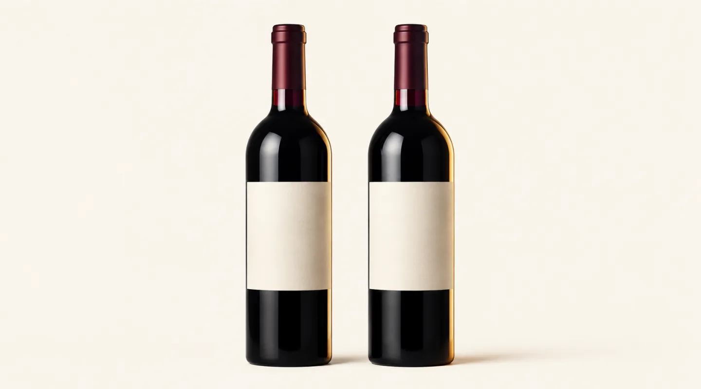 Deux bouteilles de vin rouge identiques côte à côte, étiquettes vierges