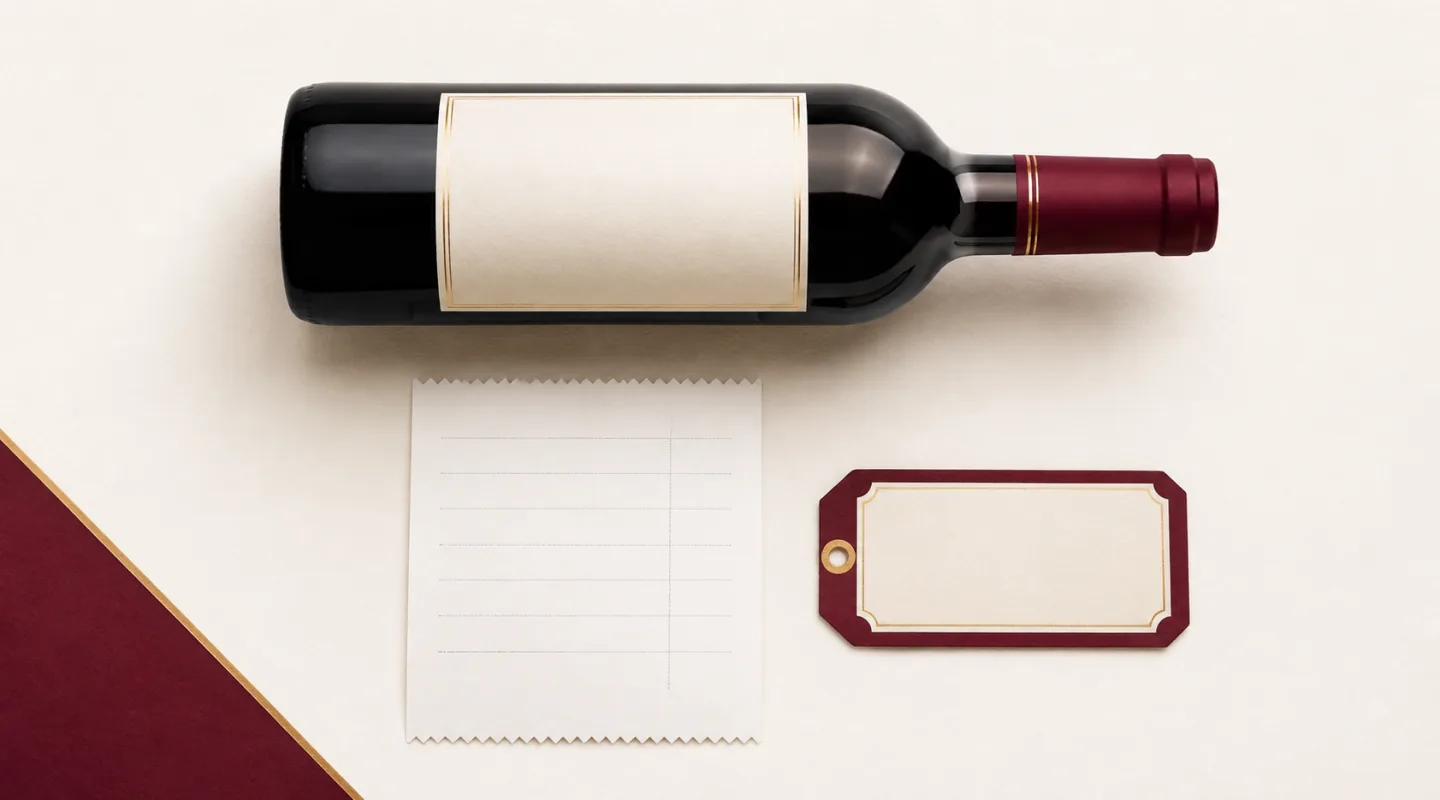 Bouteille de vin rouge couchée à plat près d'un ticket vierge et d'une étiquette de prix cartonnée