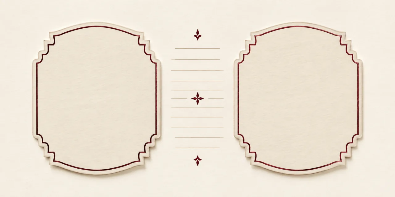 Deux cartouches d'étiquette vierges face à face, séparés par des lignes de comparaison