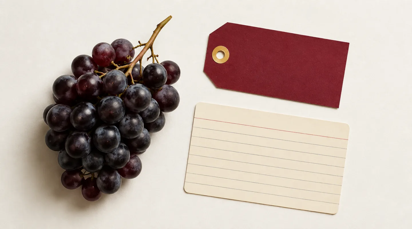 Grappe de raisin noir, étiquette de prix grenat vierge et fiche lignée, posées à plat sur fond papier