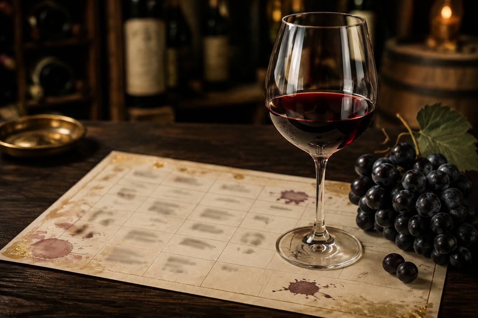 Verre de vin grenat posé sur une fiche cartonnée près d'une grappe noire