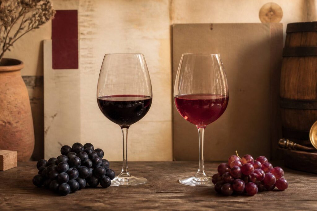 Deux verres de vin rouge aux robes différentes avec leurs grappes