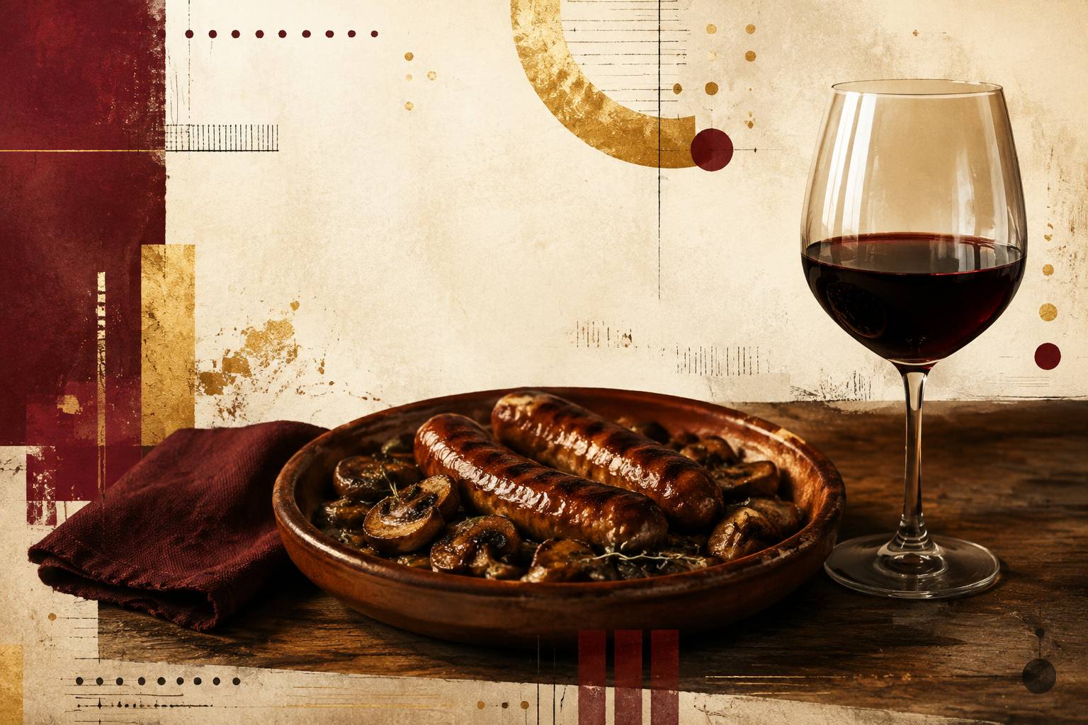 Saucisses grillées aux champignons dans un plat en terre avec un verre de rouge