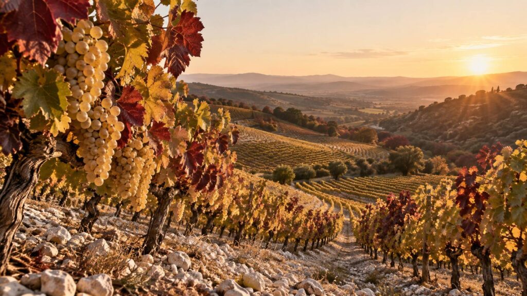 Rangs de vigne dores avec grappes de raisin blanc sur un coteau calcaire