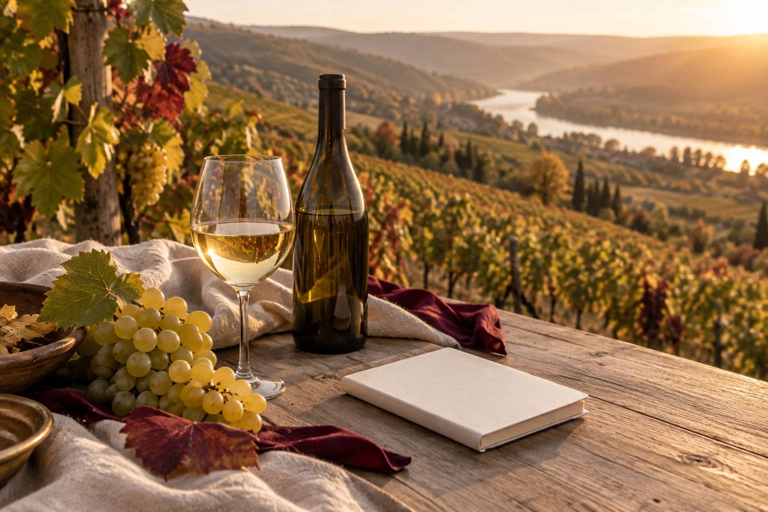 Verre de vin blanc et grappe de raisin sur une table de degustation
