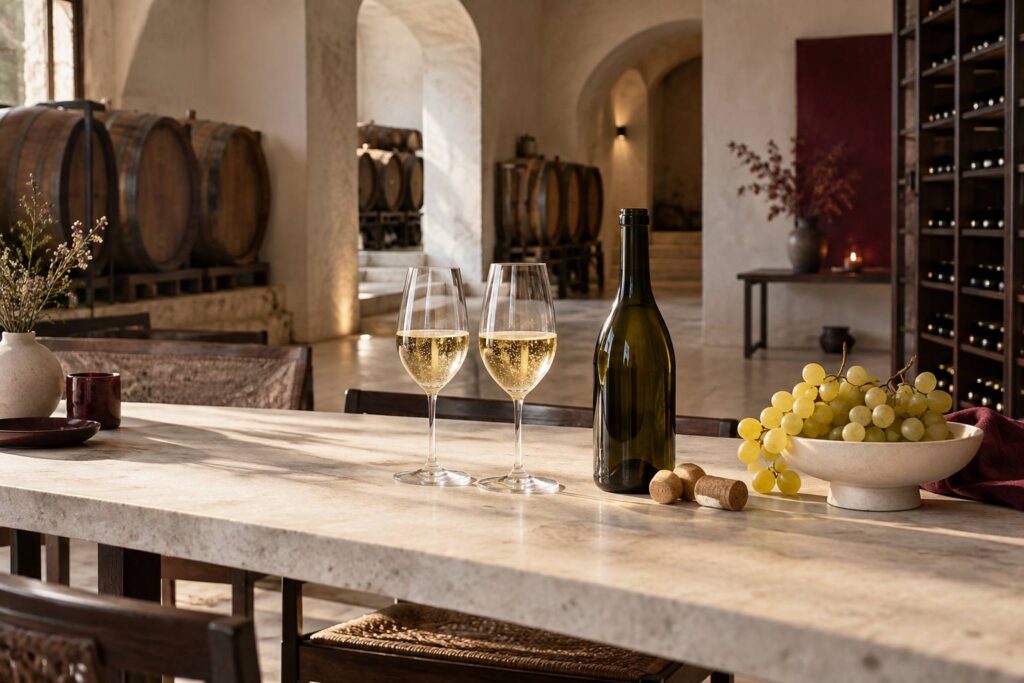Verres de vin blanc aux fines bulles et bouteille sans etiquette sur une table
