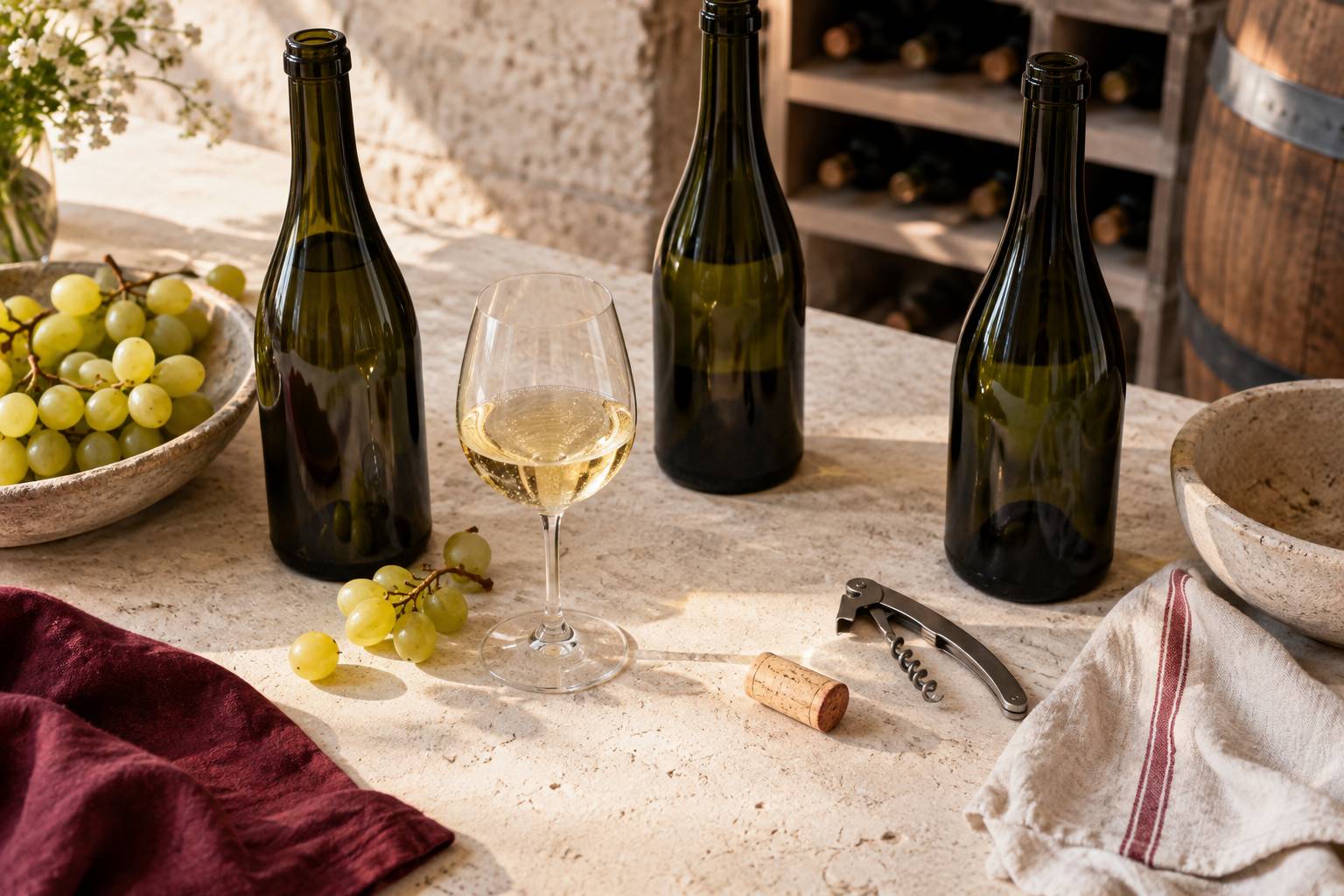 Bouteilles de vin blanc sans etiquette et verre perle sur une table de cave