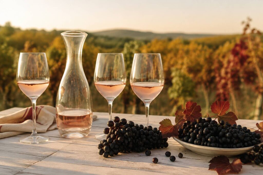 Verres de rosé pâle de Provence avec des grappes de raisin sur fond de vignoble