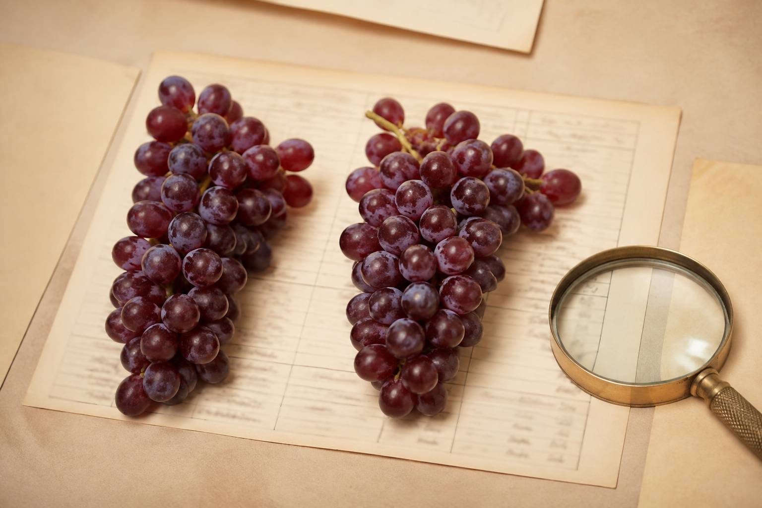 Deux grappes de raisin noir identiques comparées à la loupe sur fiche