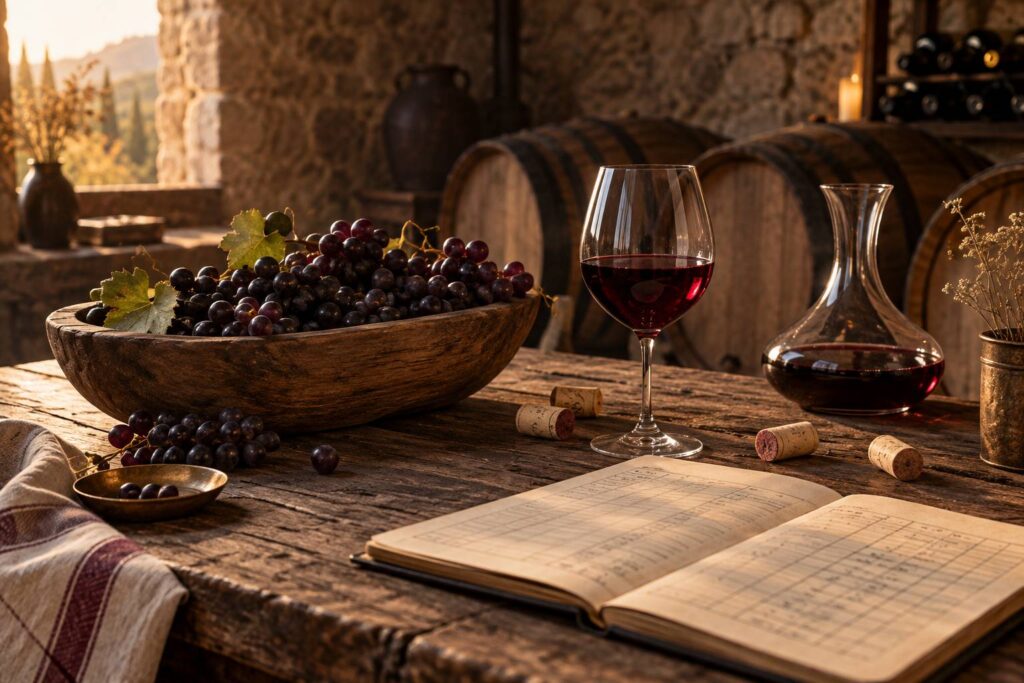Grappes de raisin noir et verre de vin sur une table de chai