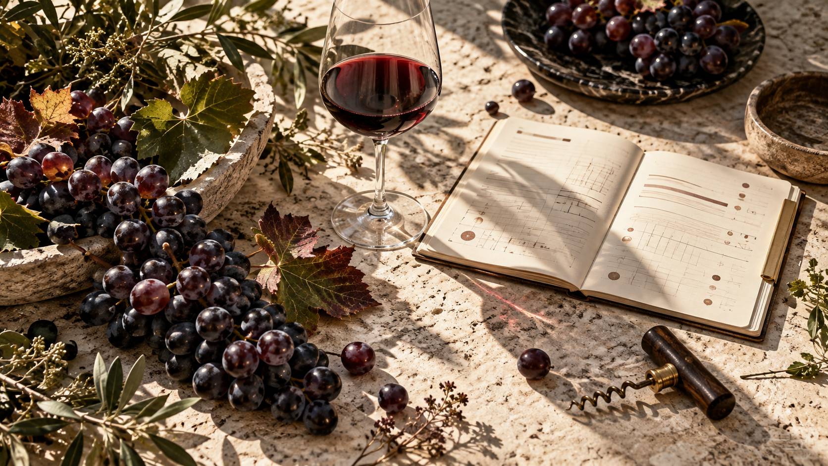 Grappes de raisin noir et carnet de dégustation d'un vin du Sud