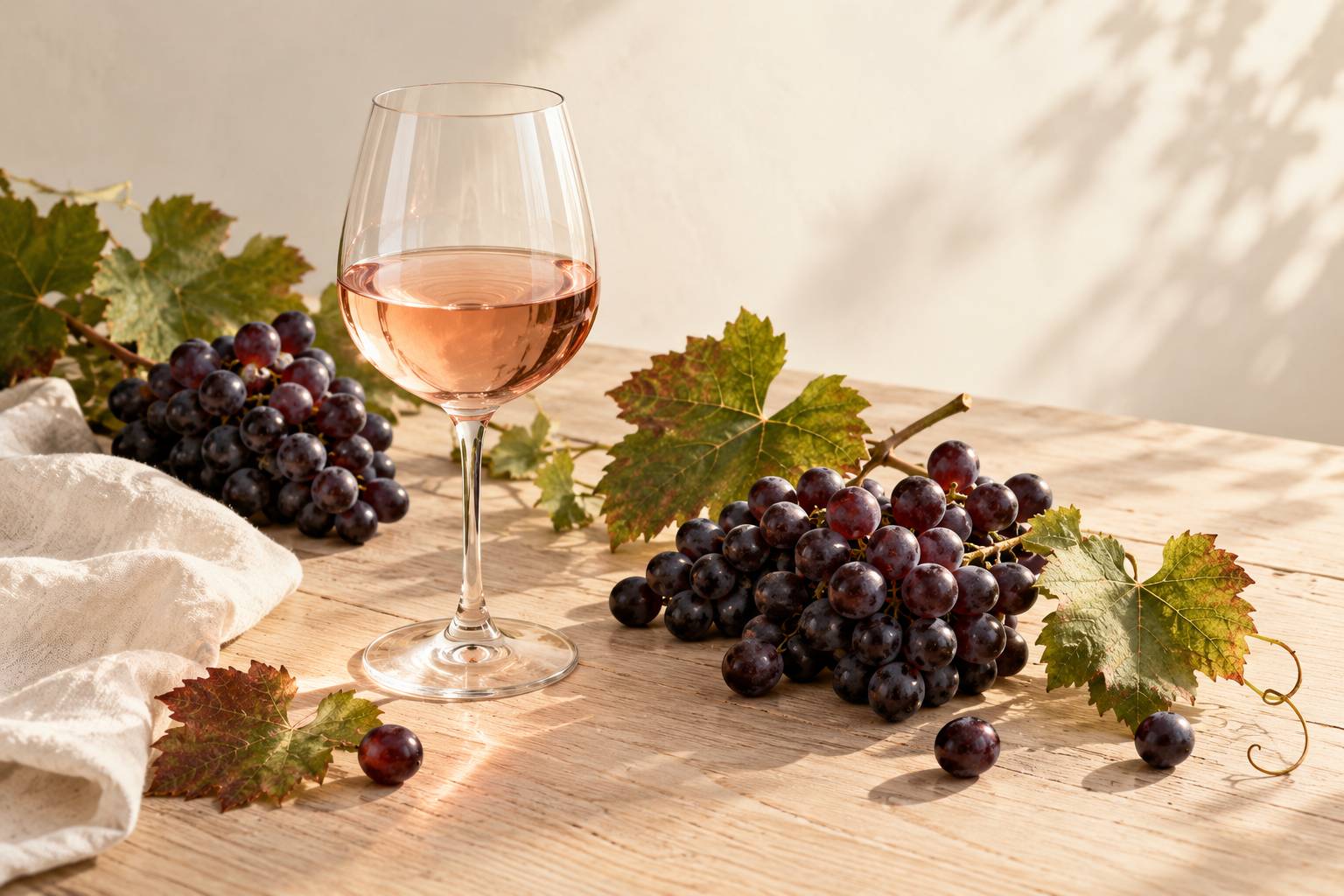Verre de vin rose clair et grappes de raisin sur une table en bois pale