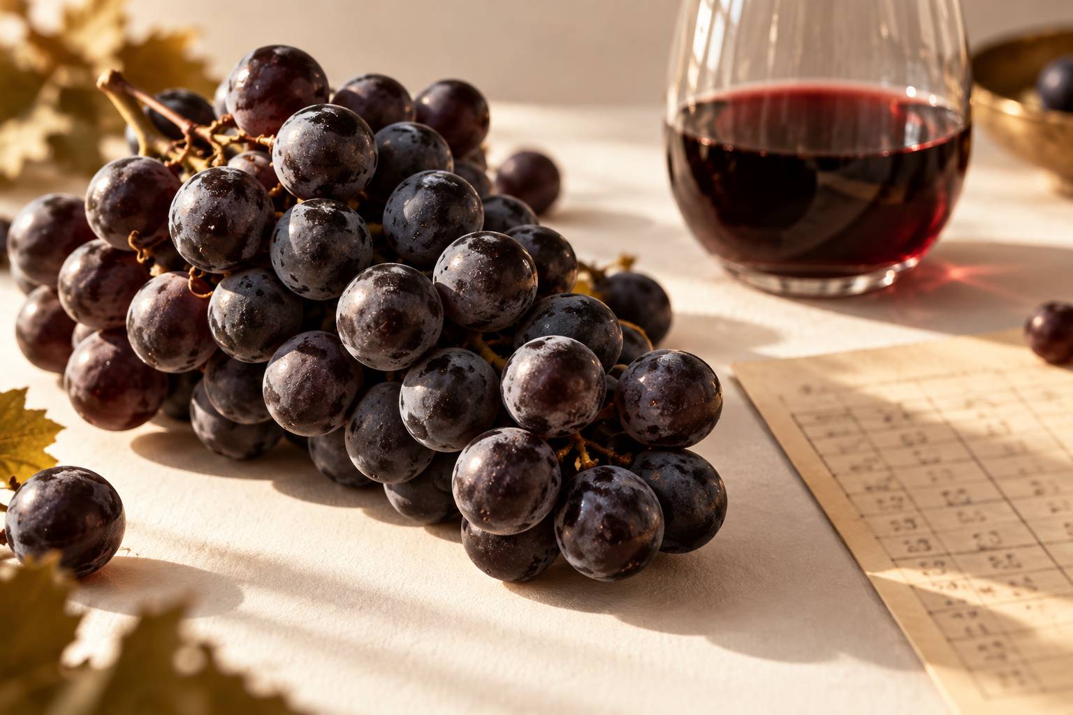 Gros plan sur une grappe de raisin noir et un verre de vin rouge