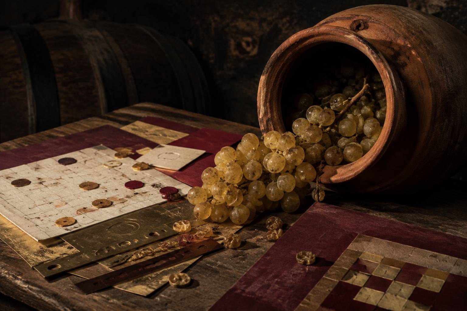 Grappes de raisins blancs près d'une jarre ouverte dans une cave