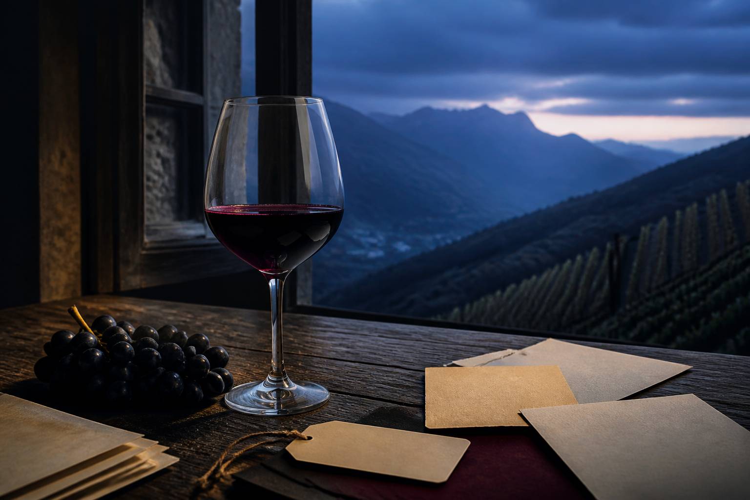 Verre de vin violet profond près d'une fenêtre sur des vignes de montagne au soir