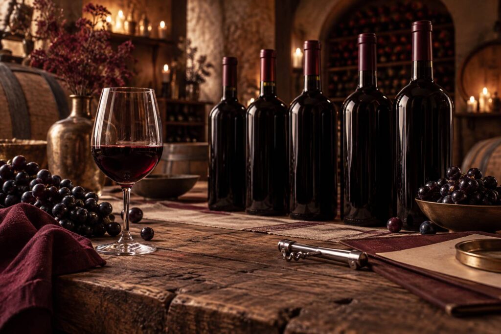 Verre de vin rouge et grappes de raisin noir dans une cave aux tonneaux de bois