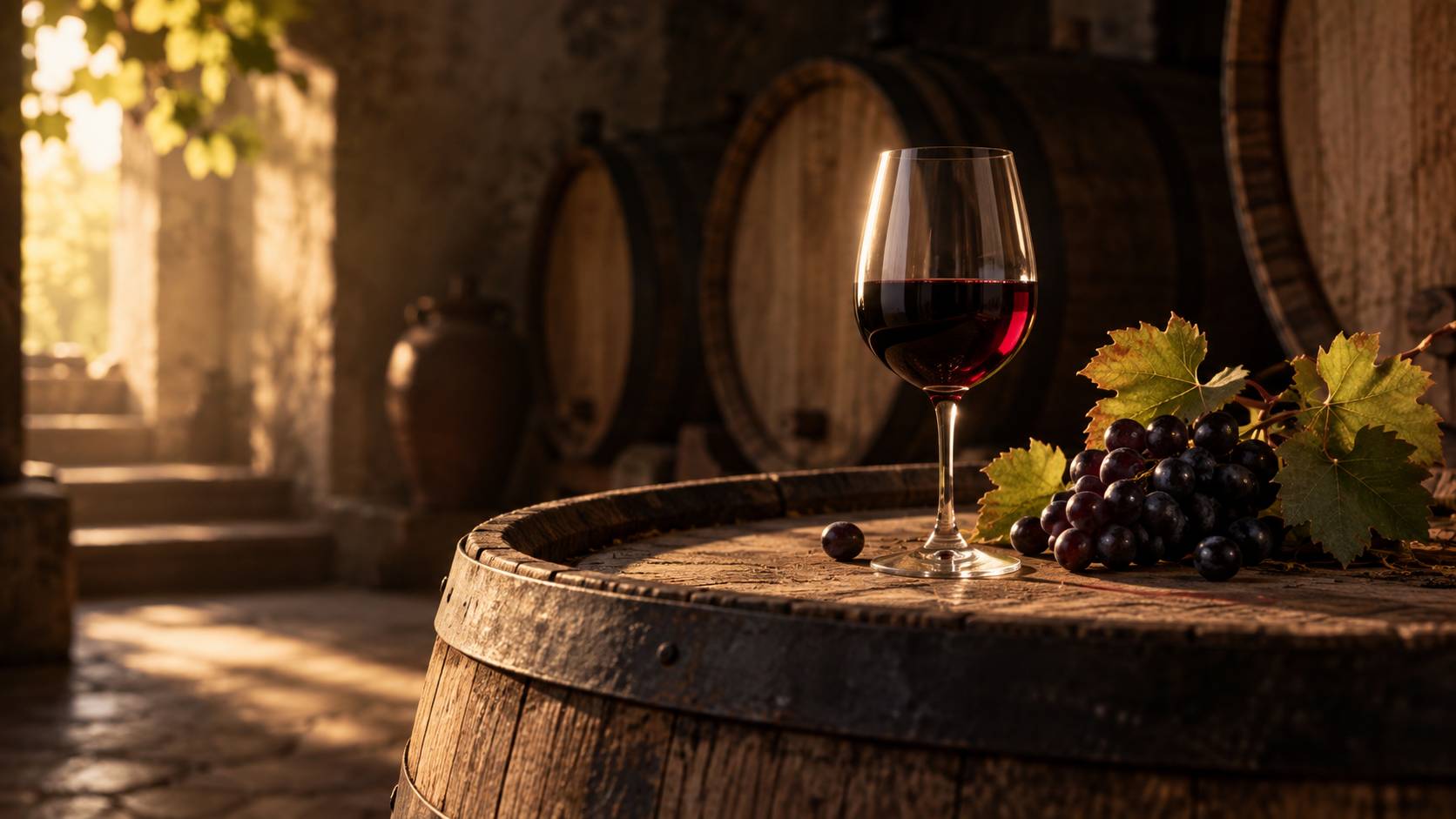 Verre de vin rouge et grappes de raisin noir dans une cave aux tonneaux de bois