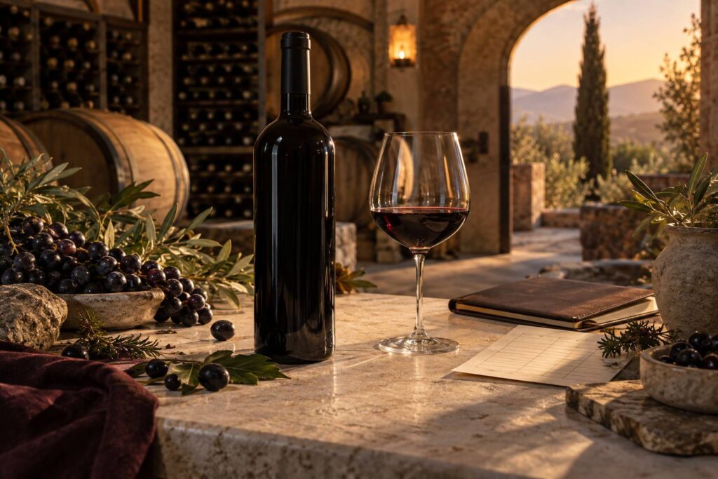 Bouteille de vin rouge et verre de Mourvèdre en cave méditerranéenne