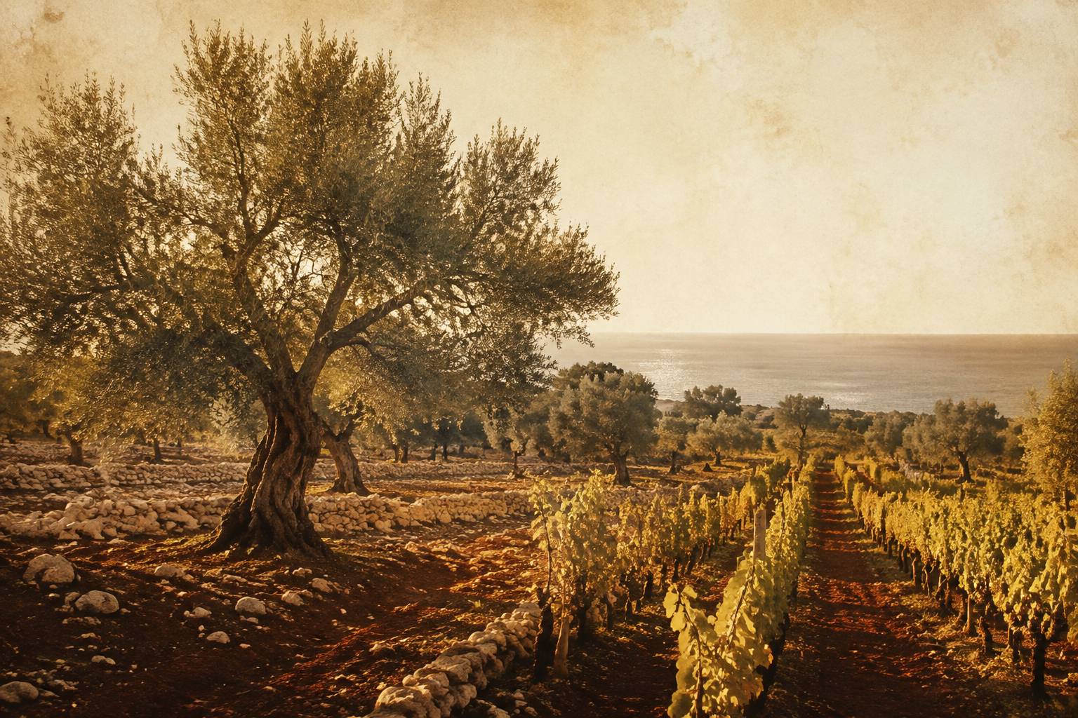 Vignes basses et oliviers sur un sol rougeâtre en lumière dorée