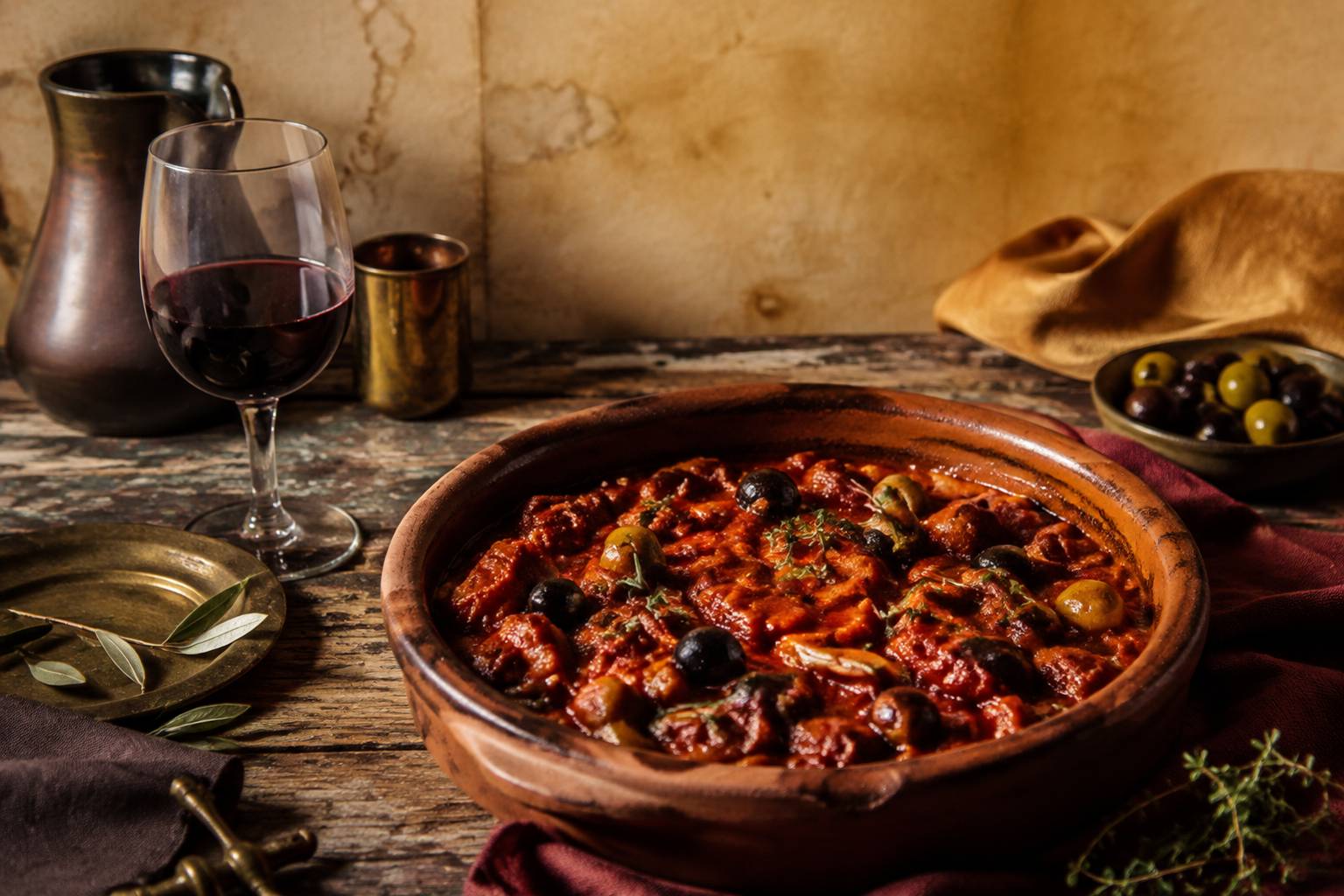 Plat mijoté en sauce tomate avec olives et un verre de vin puissant