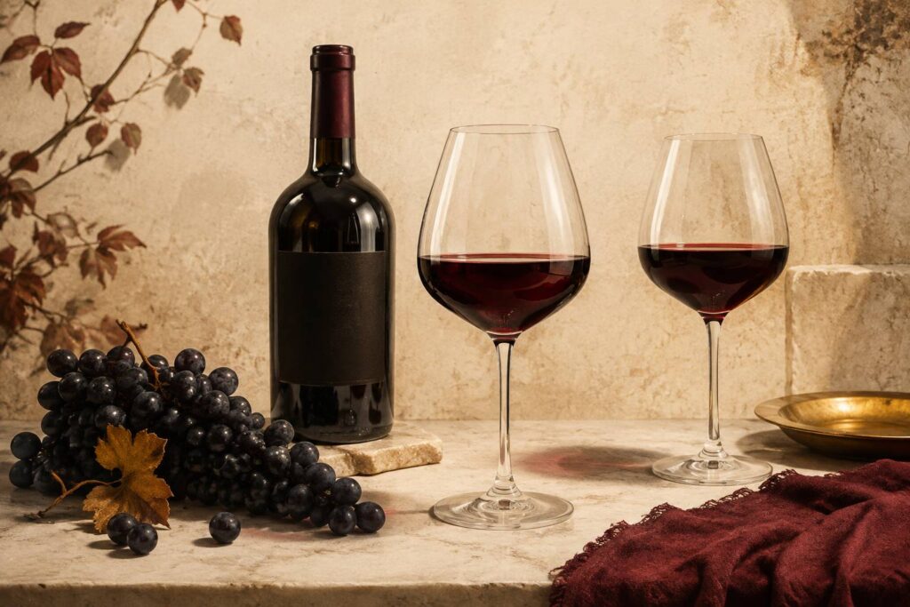 Deux verres de rouge dense près d'une bouteille générique et d'une grappe mûre