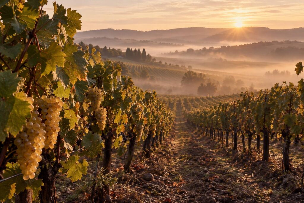 Vignoble au lever du jour avec grappes de raisin blanc doré et brume légère