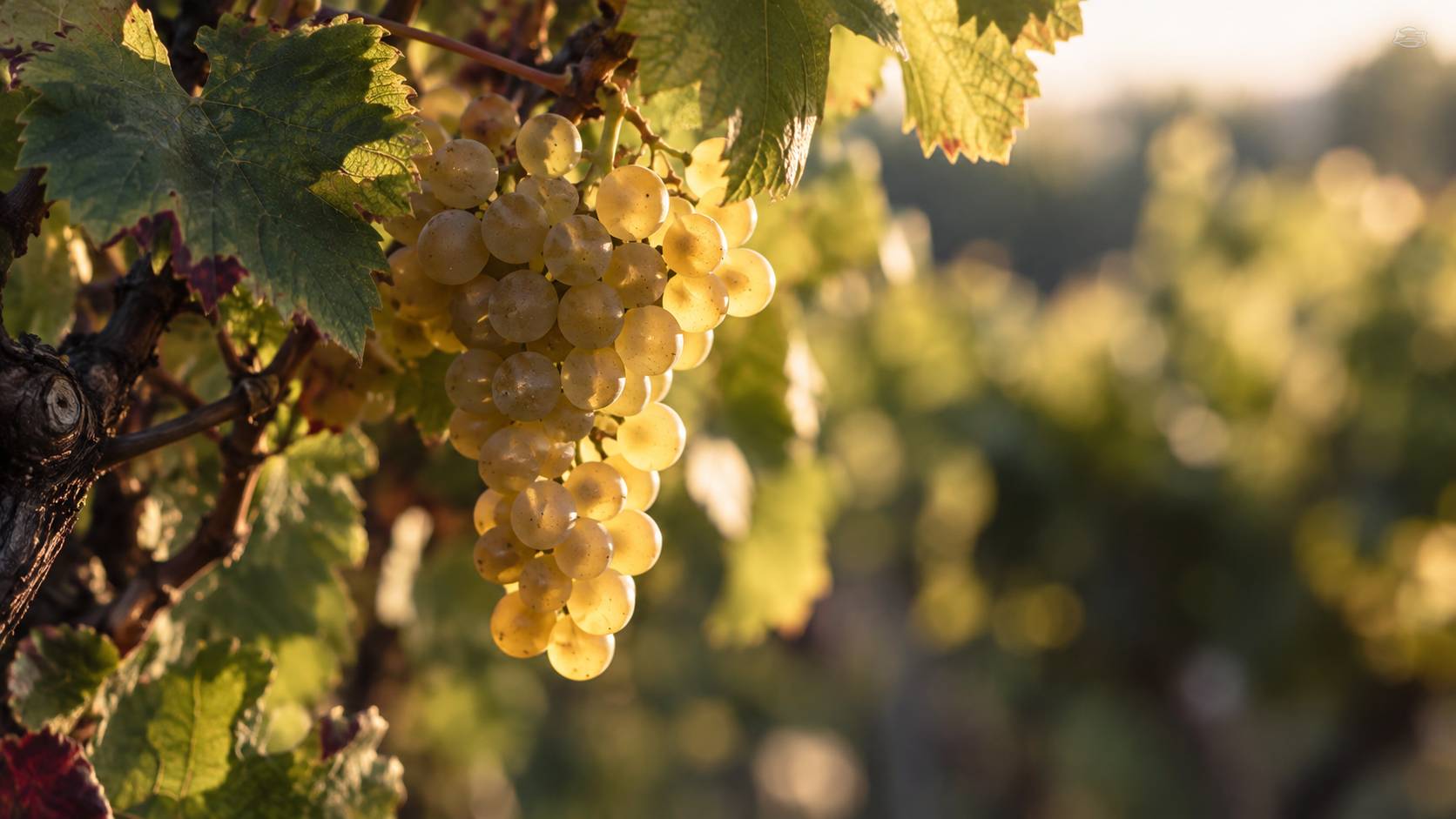 Grappe de raisin blanc doré sur un cep avec feuillage en arrière-plan