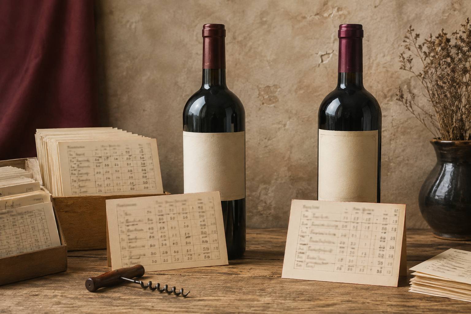 Deux bouteilles sans étiquette lisible avec des fiches de relevé floues