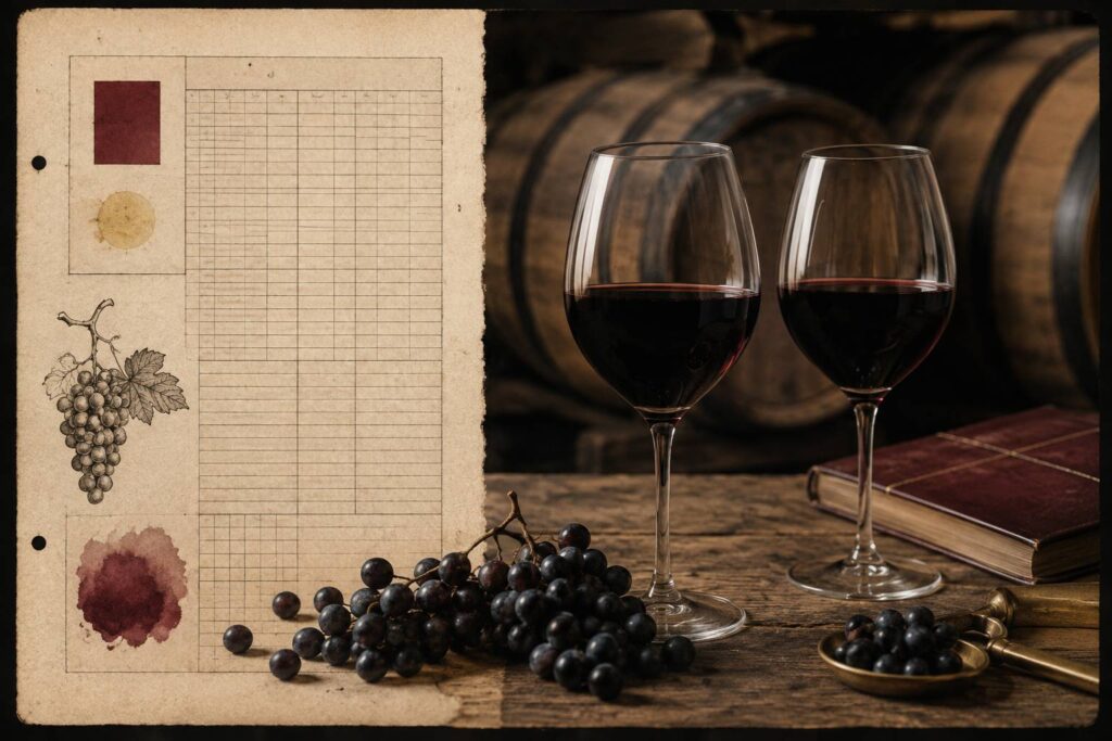 Deux verres de vin rouge très sombre avec des grappes noires en cave