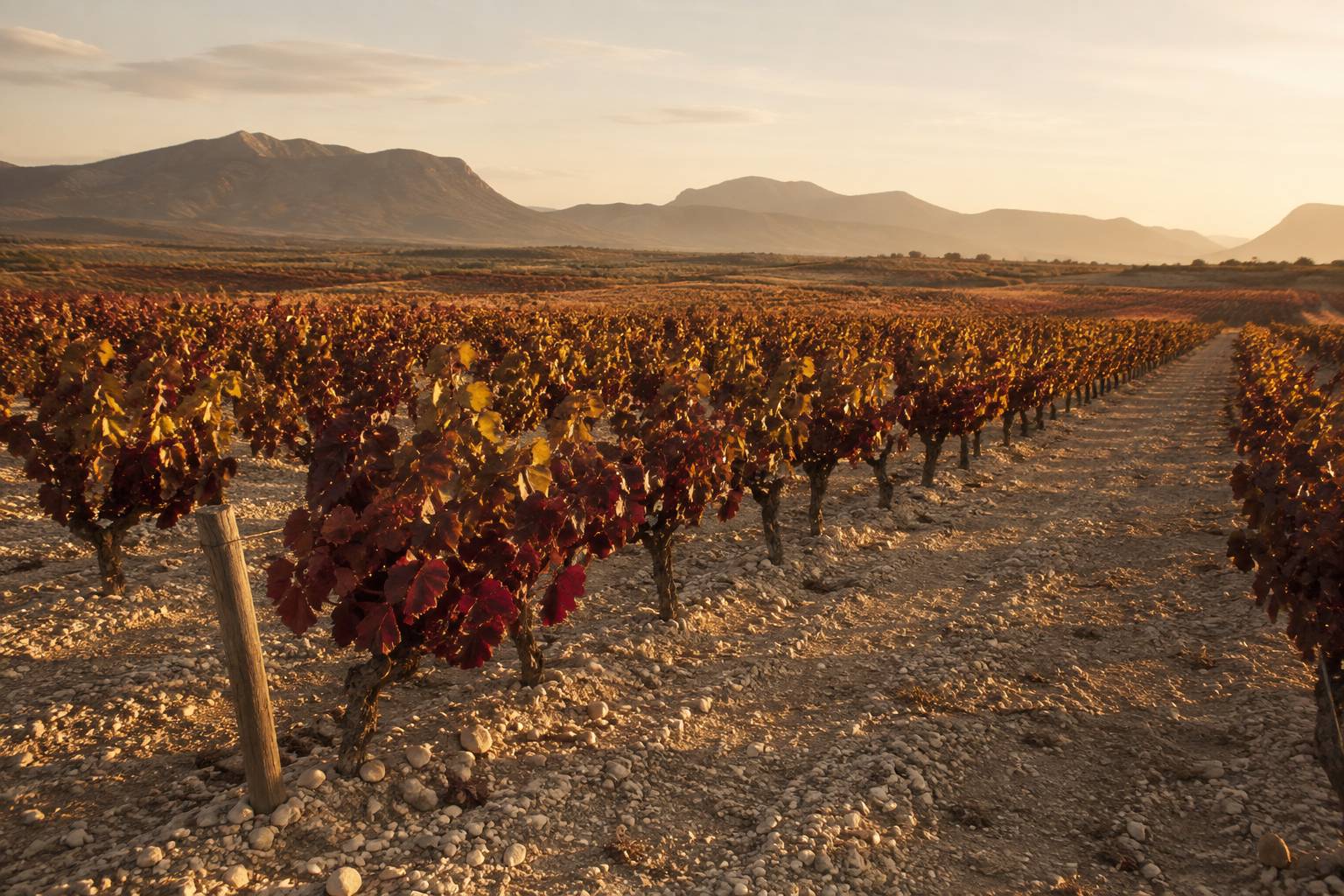 Vignes basses sur sol caillouteux avec des montagnes au loin