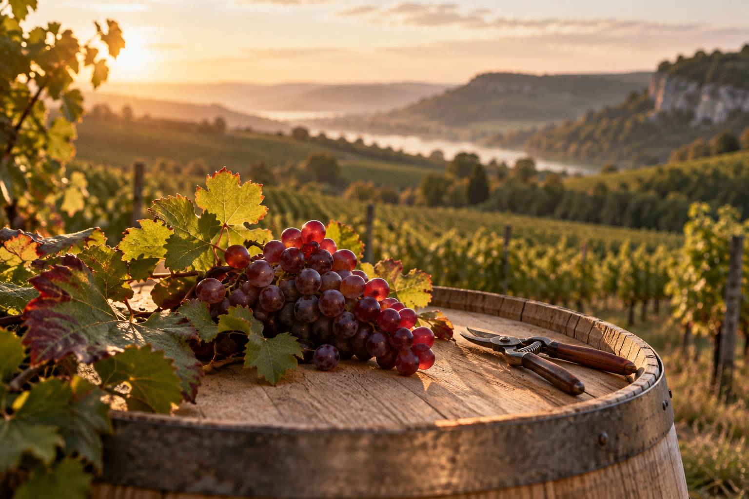 Grappe de raisin rouge du vignoble jurassien posée sur un tonneau en bois