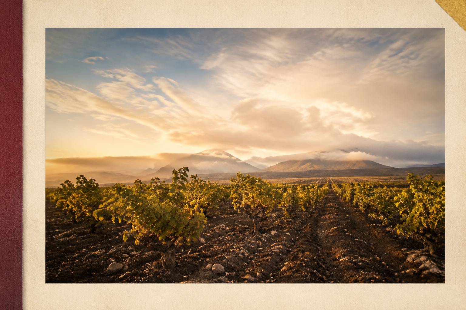 Vignes basses sur sol argileux foncé avec montagnes au loin