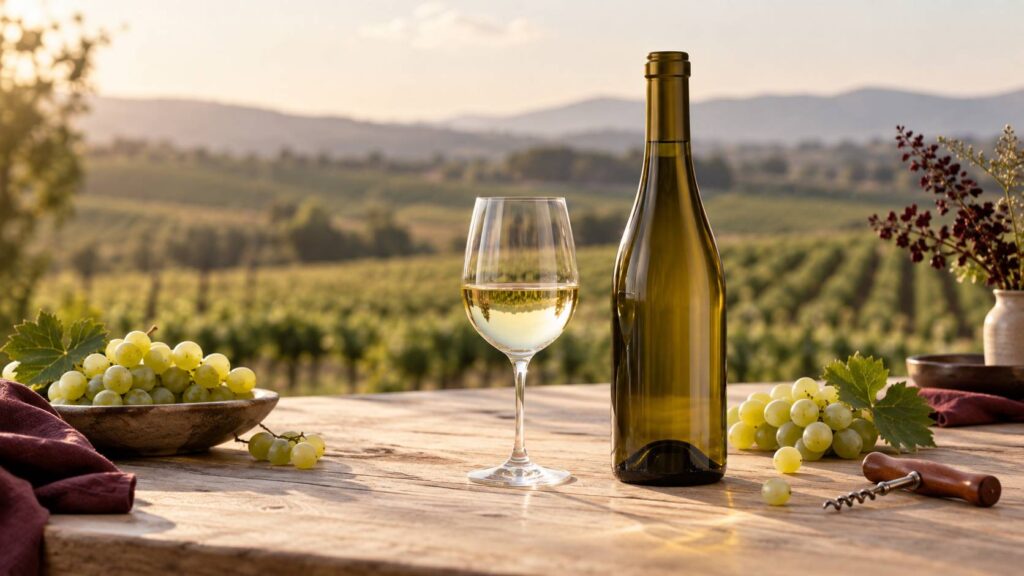 Verre de vin blanc sec avec bouteille unie et grappes de raisin blanc
