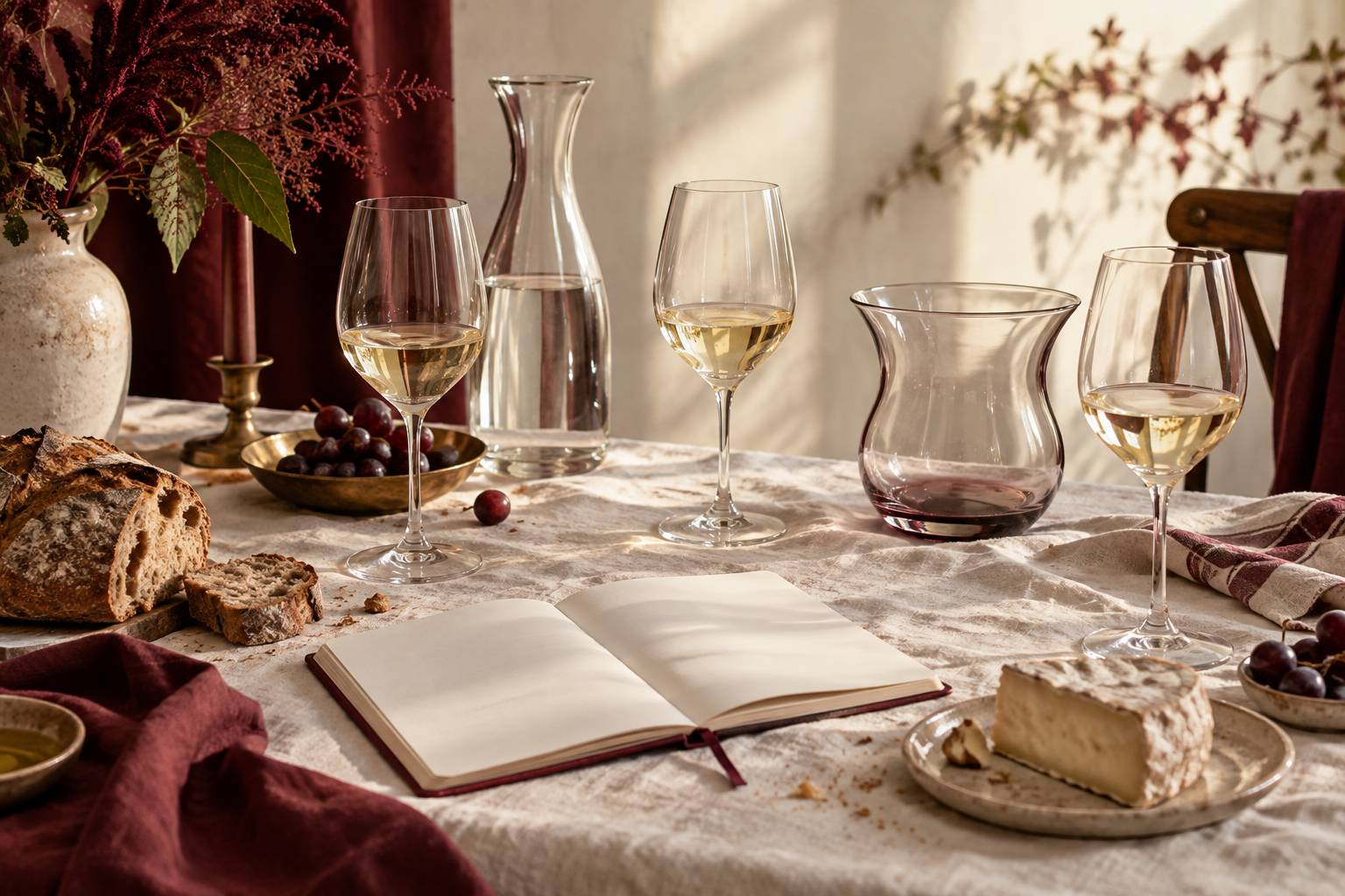Table de dégustation avec verres de vin blanc, carafe d'eau et pain de campagne