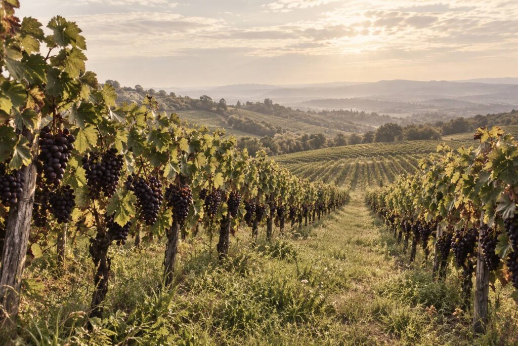 Vignes sur un coteau tempéré avec grappes de raisin noir et ciel voilé