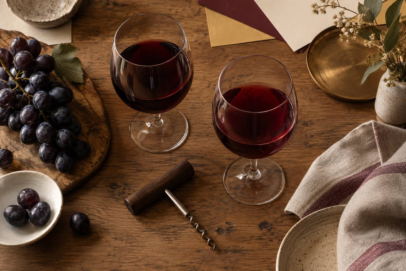Deux verres de vin rouge et une grappe de raisin noir sur une table en bois