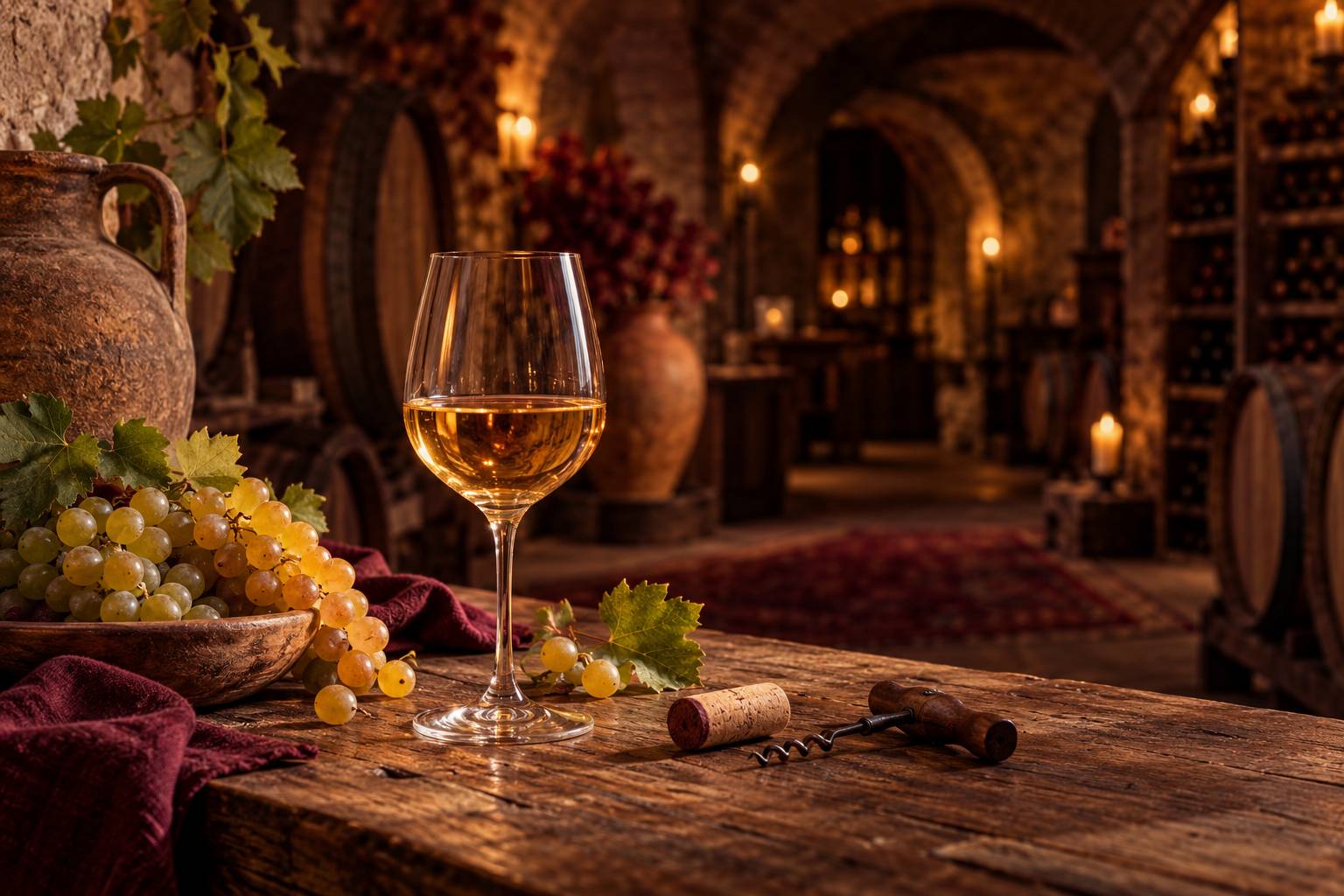 Verre de vin ambre et grappes de raisin blanc sur une table de degustation