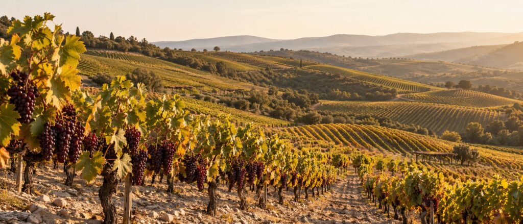 Vignoble en coteaux avec grappes sombres sur sol de schiste en fin d'après-midi